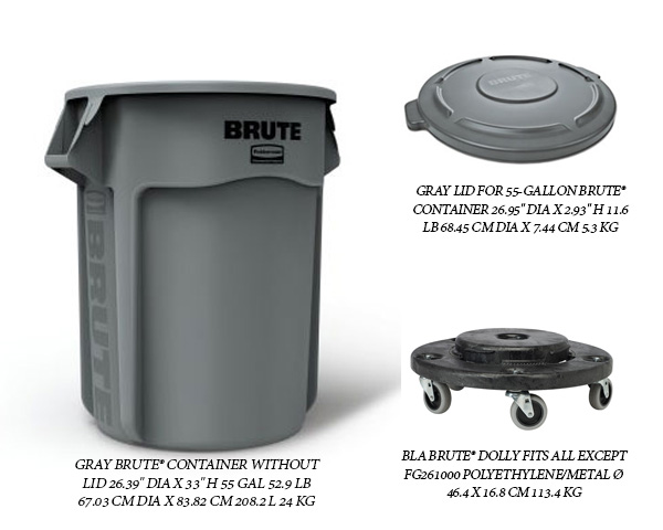 Rubbermaid BruteTrash container, 55 gallon capacity, round top, with two handles, lid, and Dolly